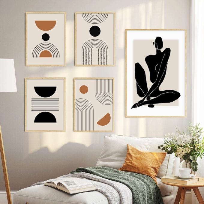 Boho Matisse Poster Beige Black Abstract Line Art Canvas Paintings
